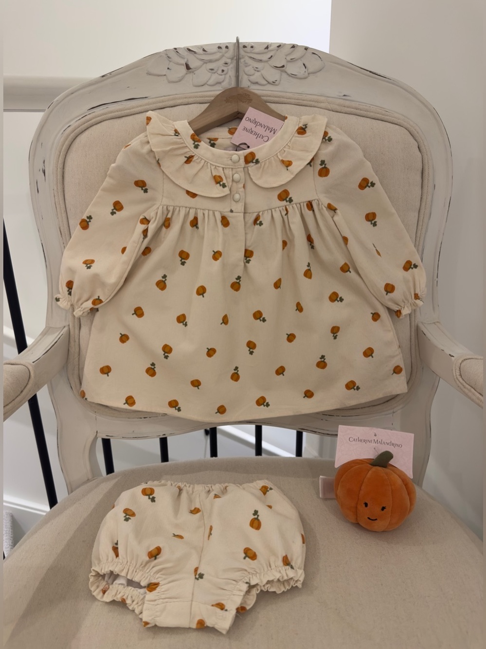 🎃 6~9 Mth Soft Ivory Corduroy Baby Dress & Bloomers with Cute Pumpkin Toy NWT